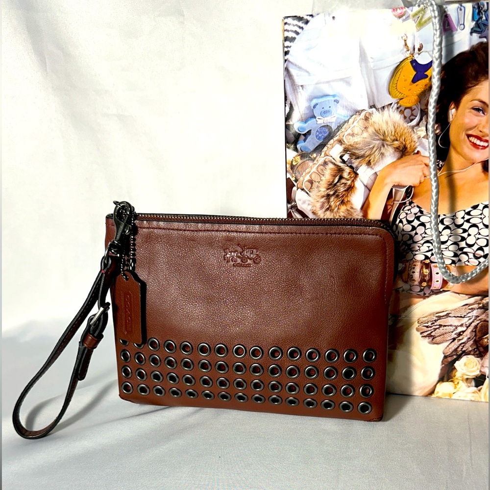 Coach Brown Wristlet with Woven Leather Accents